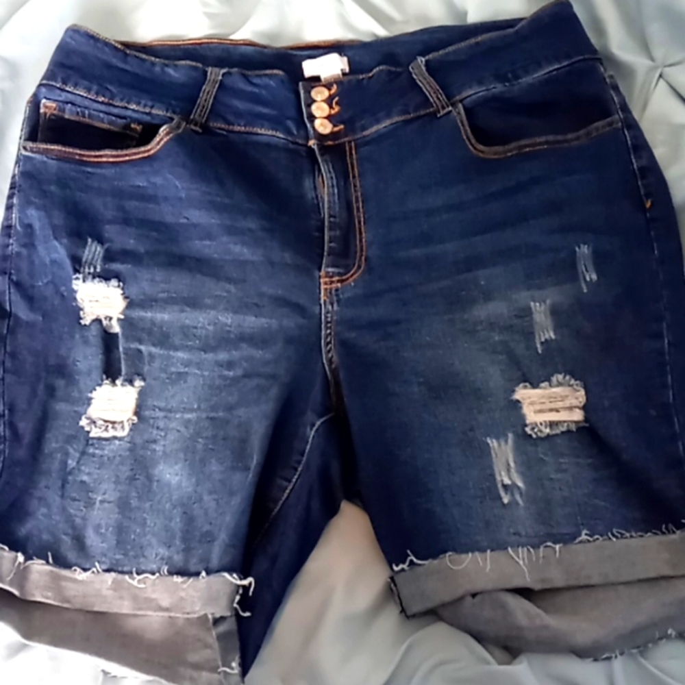Mid Length Ripped Jean Shorts